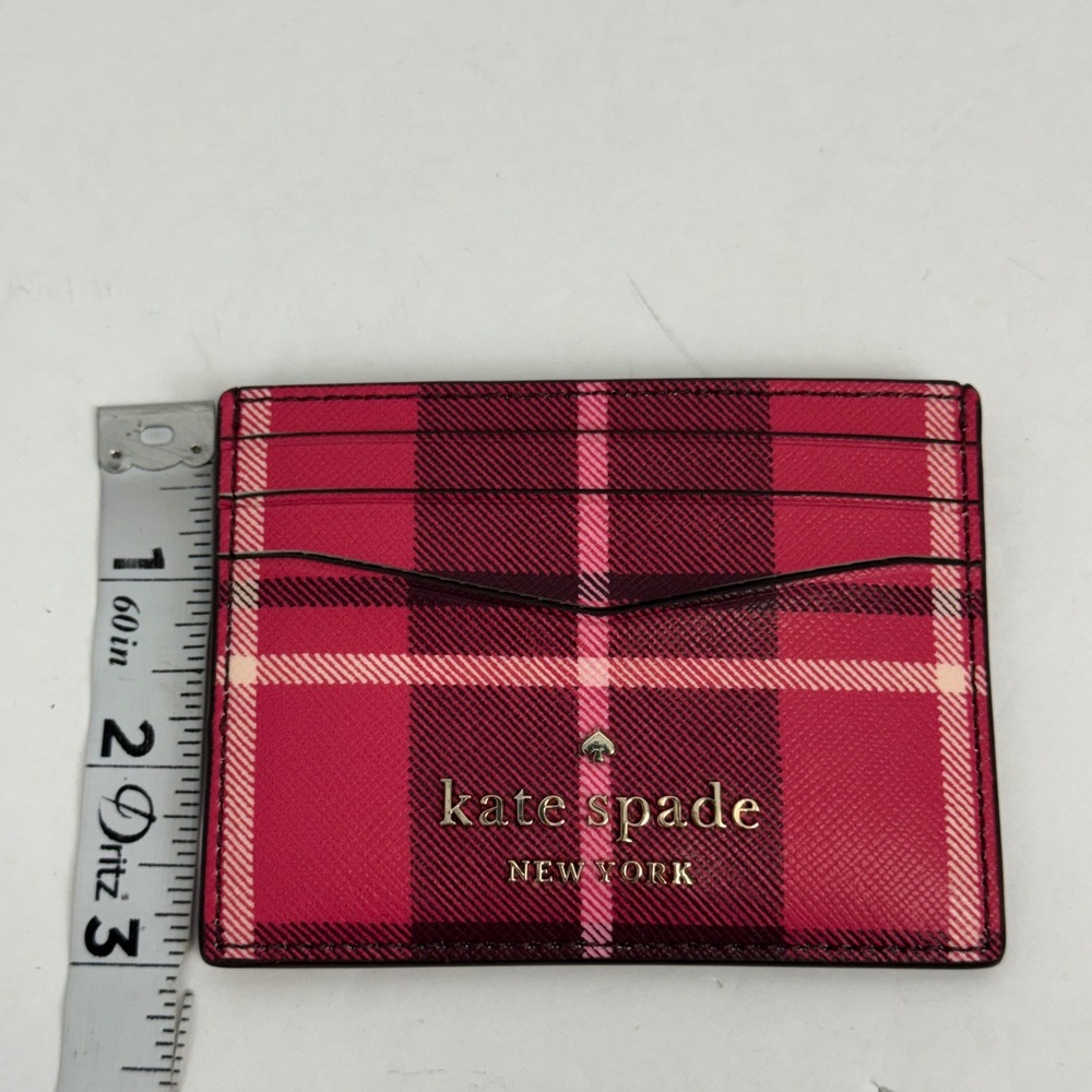 Kate Spade New York Pink Plaid Crossgrain Leather Slim Card Holder Wallet - Picture 7 of 9